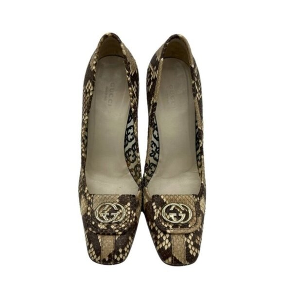 Gucci Shoes - Gucci‎ GG Brown Beige Python Square Toe Pumps Size 8B